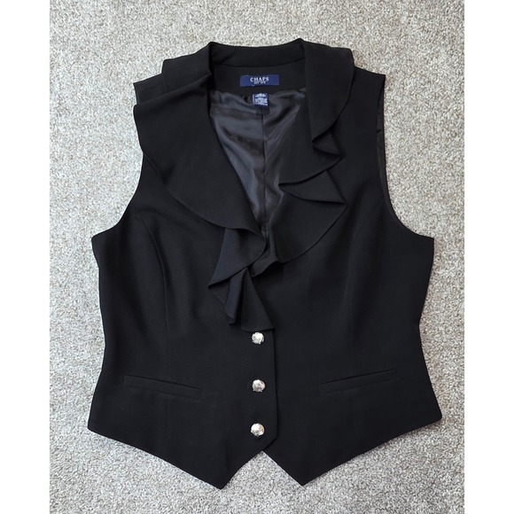 Chaps Jackets & Blazers - Chaps Womens Black Ruffle Collar Vest Silver Crest Buttons Size Med Stretch
451
